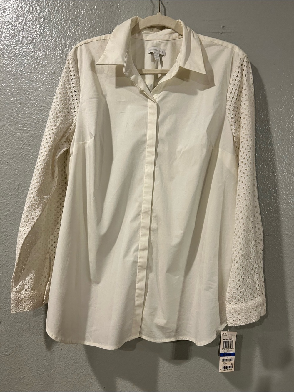 NWT Charter Club White Eyelet Sleeve Button Up Blouse Shirt. Size XL